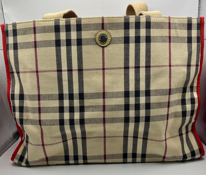 Pre-Loved Burberry Nova Check Canvas Tote - Beige/Red