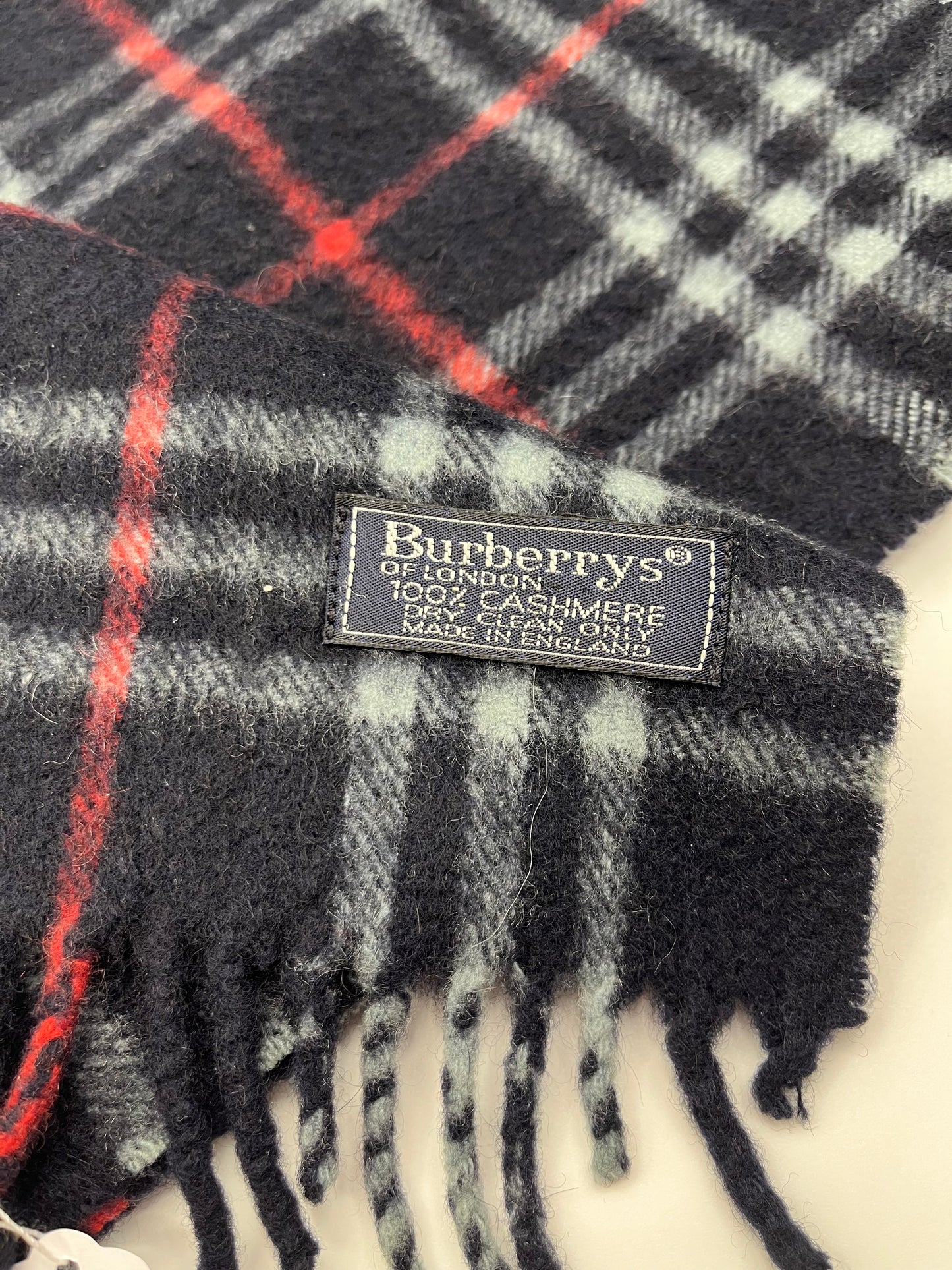 Pre-Loved Burberry 100% Cashmere Muffler Scarf - Navy/Red Nova Check