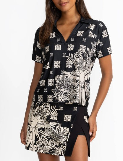 Johnny Was Active Bee Active Boxy Polo Tee - Blk/Cream