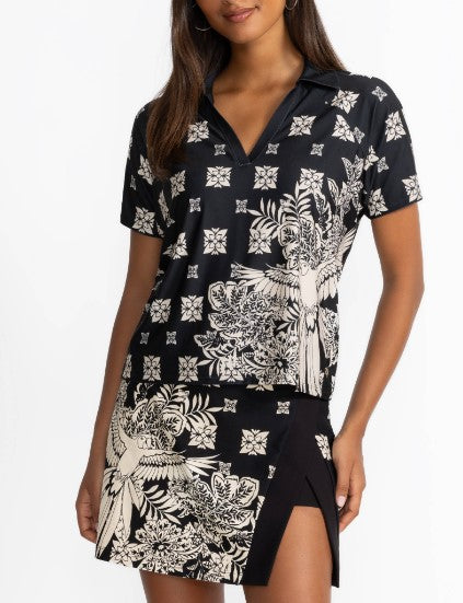 Johnny Was Active Bee Active Boxy Polo Tee - Blk/Cream