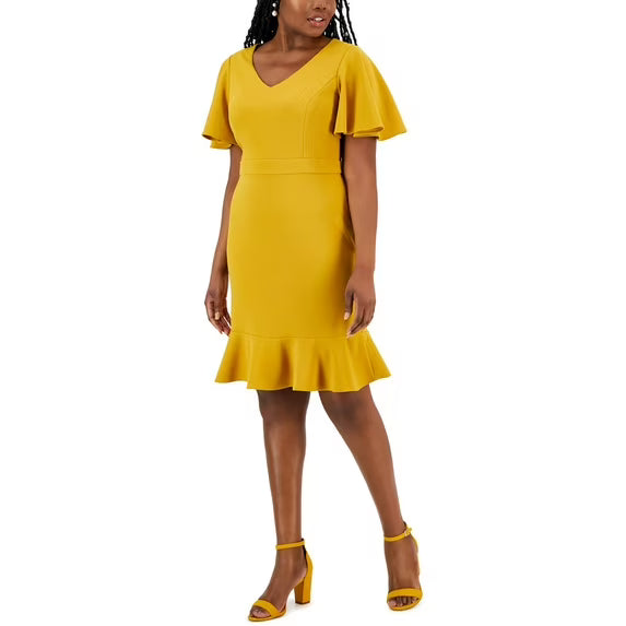 Kasper Knit Flutter Sleeves Sheath Dress - Mustard