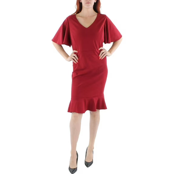 Kasper Knit Flutter Sleeves Sheath Dress - Red