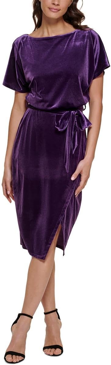 Kensie Dresses Velvet Boatneck Midi Dress - Purple