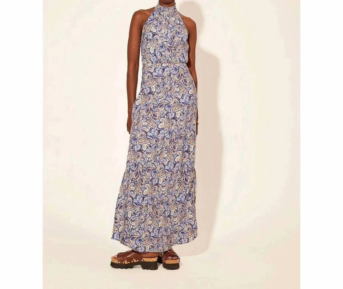Kivari Dakota Watercolor Paisley Dress - Blue/Tan/Wht
