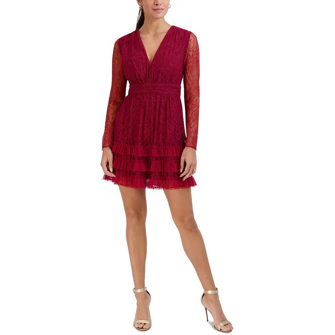 Laundry by Shelli Segal Tiered Lace Mini Dress - Rhubarb