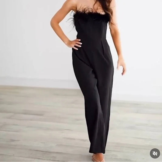 Lena Strapless Feather Top Jumpsuit - Black