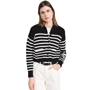 Madewell Striped Ribbed Polo Cardigan Sweater - Blk/Wht