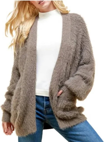 Pinch Open Front Fuzzy Eyelash Knit Cardigan