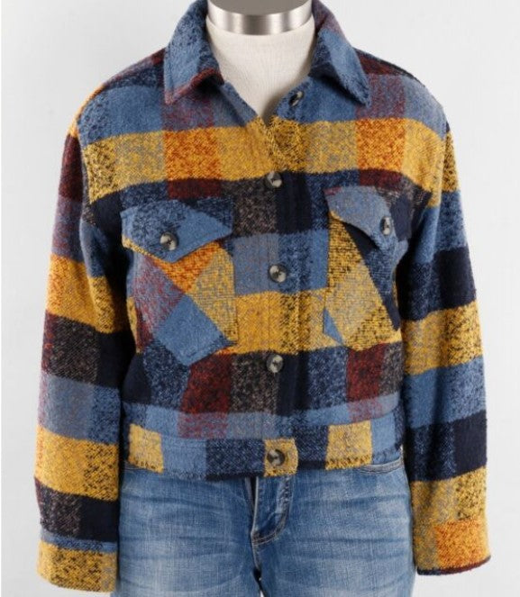 RD Style Plaid Cropped Jacket - Blue/Yellow