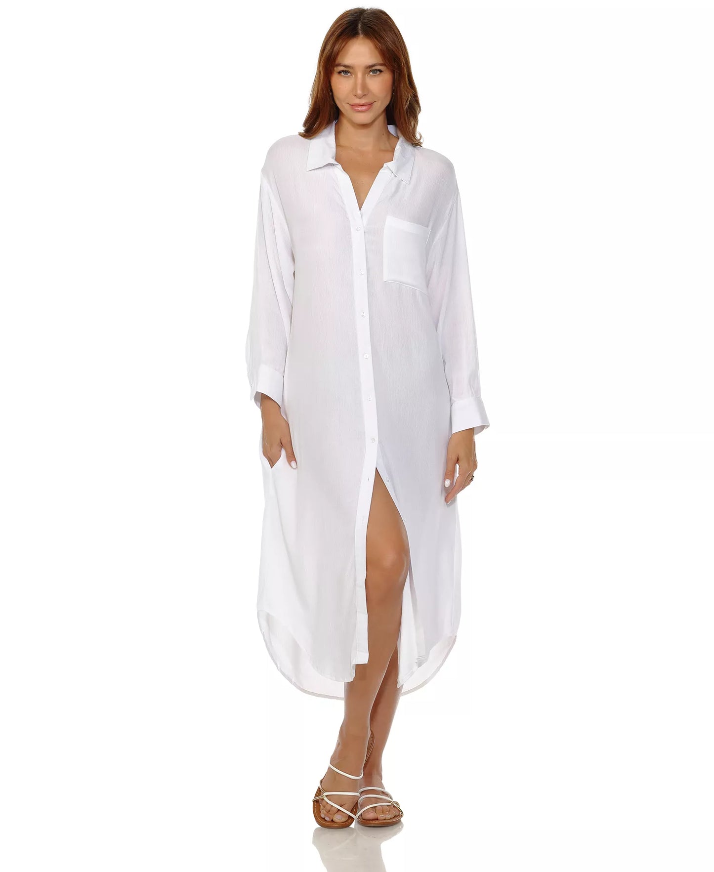 Raviya Long Button Front Shirt Cover Up - White