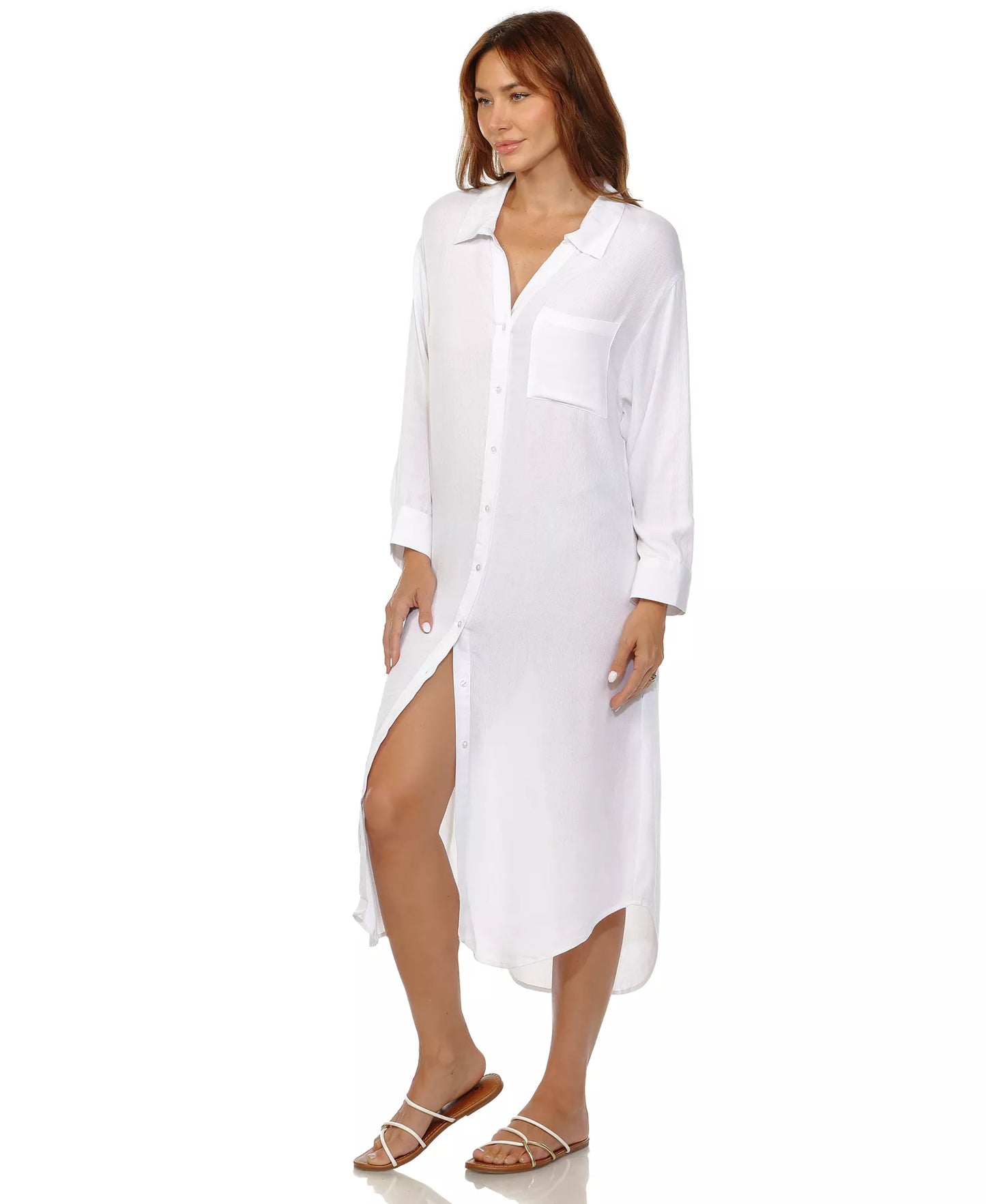 Raviya Long Button Front Shirt Cover Up - White