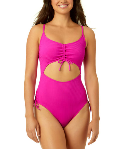 Salt & Cove Adjustable Cinched Ribbed One Piece - Hot Pink