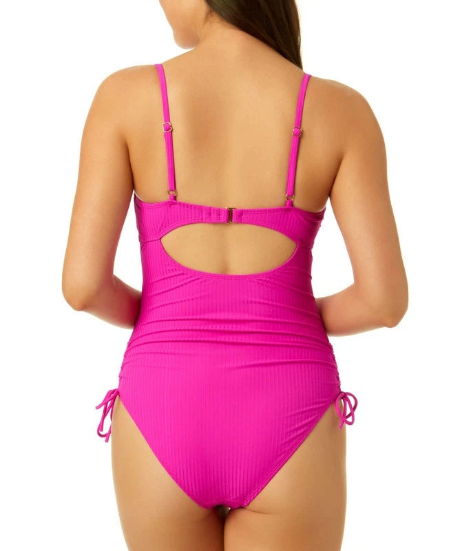 Salt & Cove Adjustable Cinched Ribbed One Piece - Hot Pink