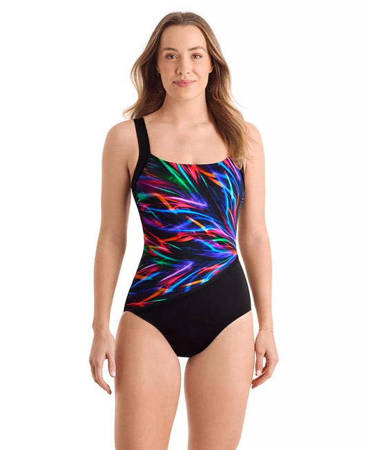 Swim Solutions Sport Scoop Neck Illusion One Piece - Multicolor/Blk