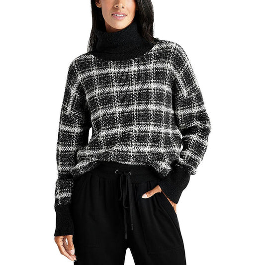 Splendid Ginny Plaid Knit Turtleneck Sweater - Blk/Wht/Gld