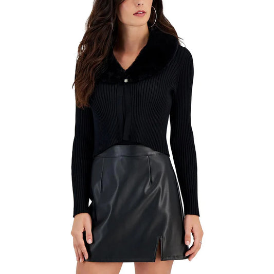 Taylor Ribbed Faux Fur Collar Cardigan - Black