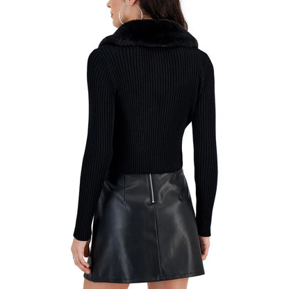 Taylor Ribbed Faux Fur Collar Cardigan - Black