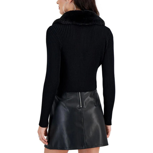 Taylor Ribbed Faux Fur Collar Cardigan - Black