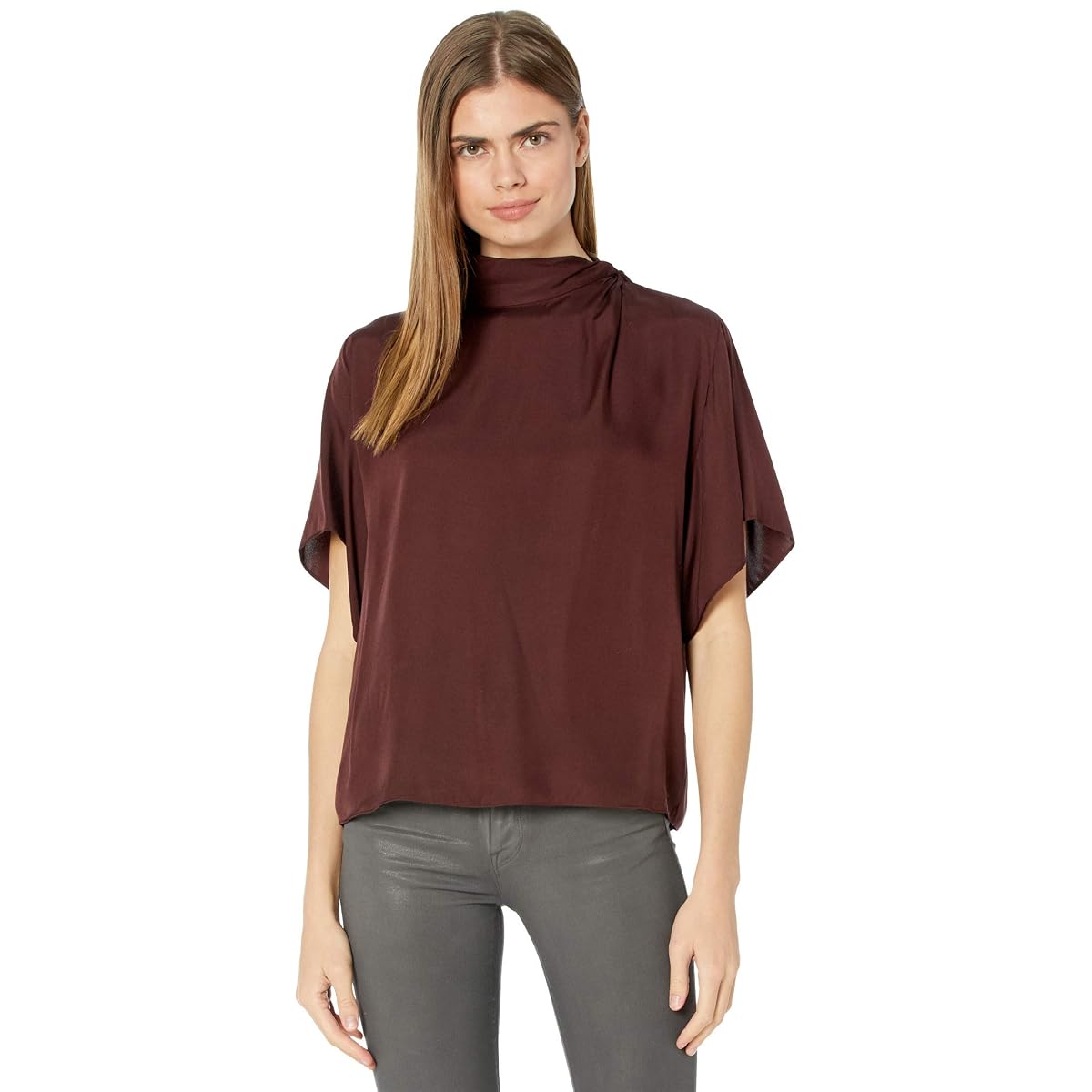 Vince Twist Neck Flutter Sleeve Blouse - Black Plum