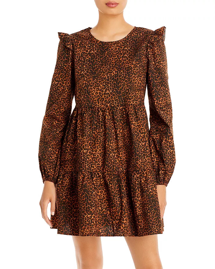 WAYF Velma Animal Print Ruffled Babydoll Dress - Brown
