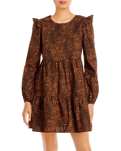 WAYF Velma Animal Print Ruffled Babydoll Dress - Brown