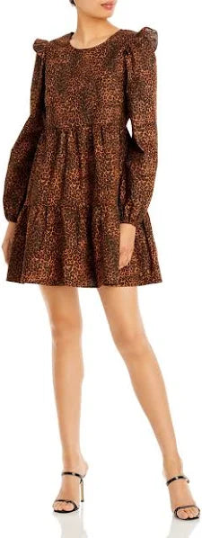 WAYF Velma Animal Print Ruffled Babydoll Dress - Brown