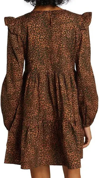 WAYF Velma Animal Print Ruffled Babydoll Dress - Brown