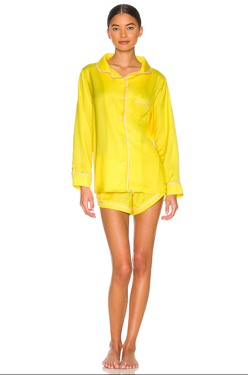 Plush Faux Silk Pajama Set w/ Mask - Yellow