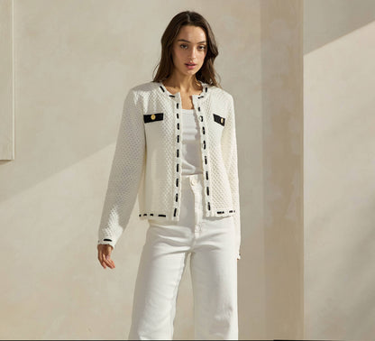 Able Contrast Trim Cardigan - Wht/Blk