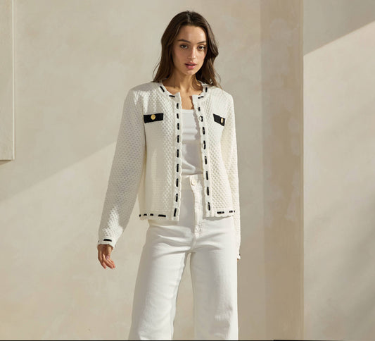 Able Contrast Trim Cardigan - Wht/Blk