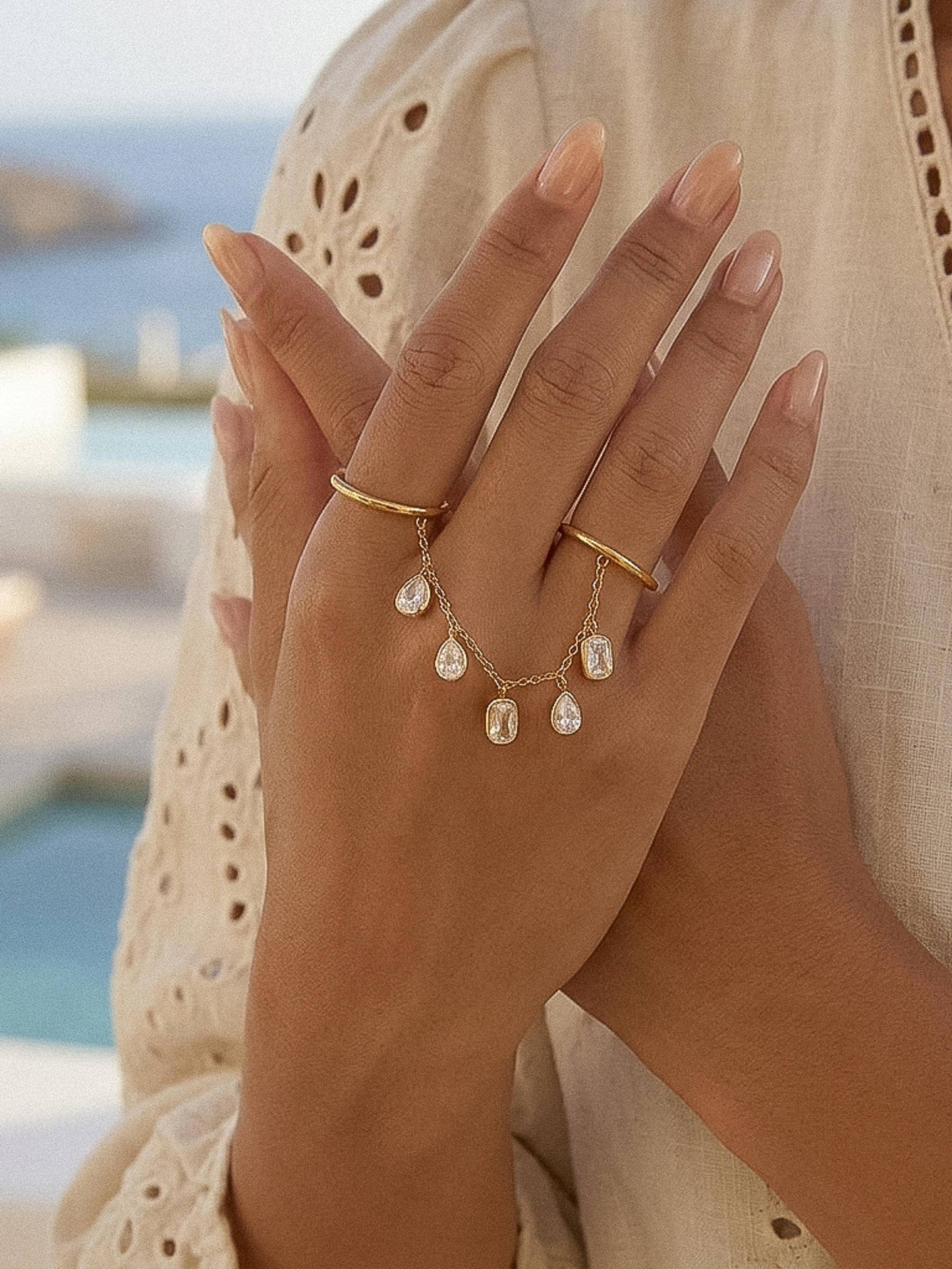 FM Cosette CZ Dangle Drop Double Ring - 18K Gold Plated
