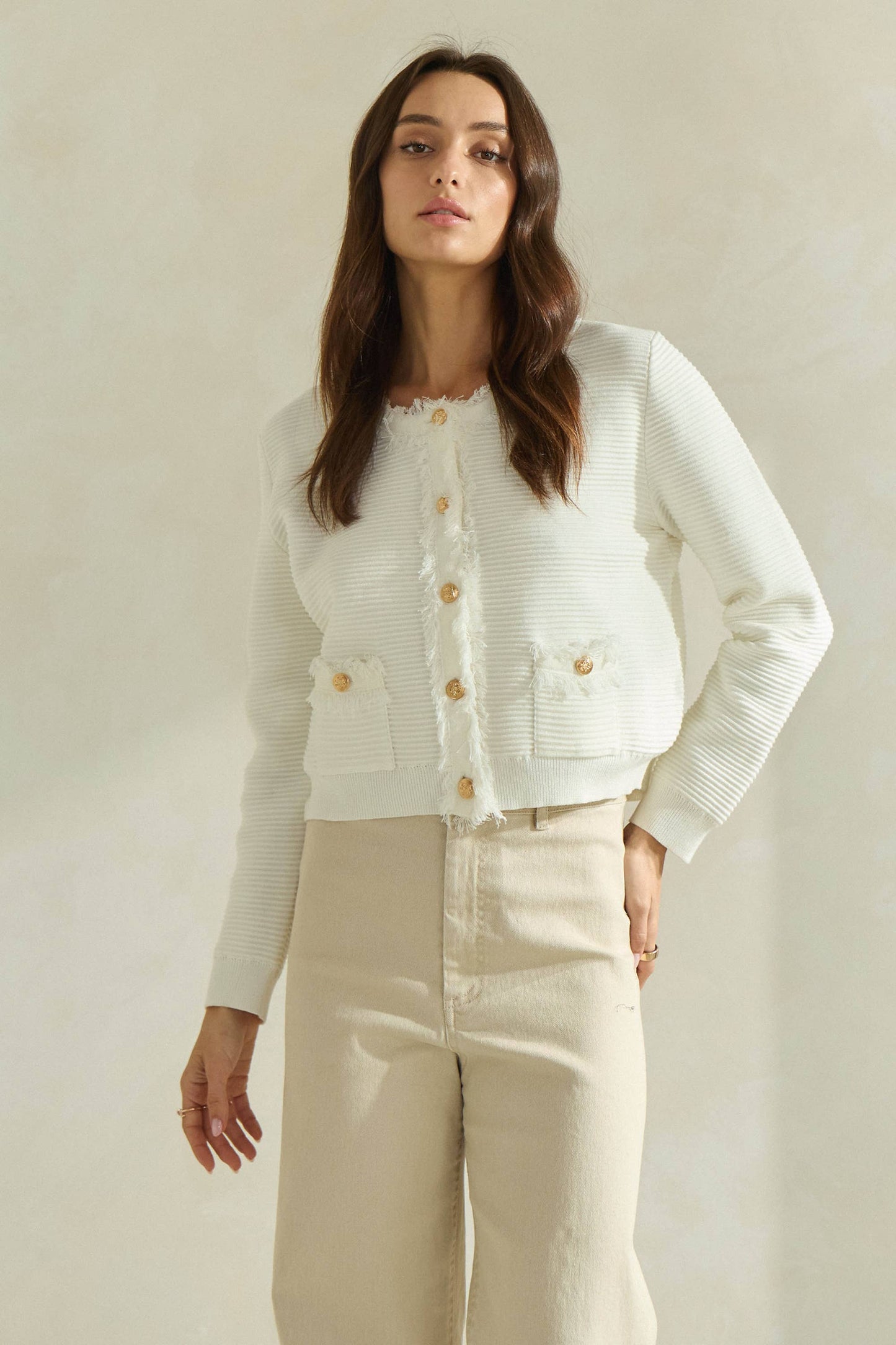 Able Frayed Edge Cardigan Jacket - Ivory/Gold