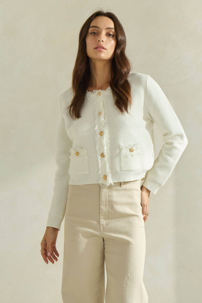 Able Frayed Edge Cardigan Jacket - Ivory/Gold
