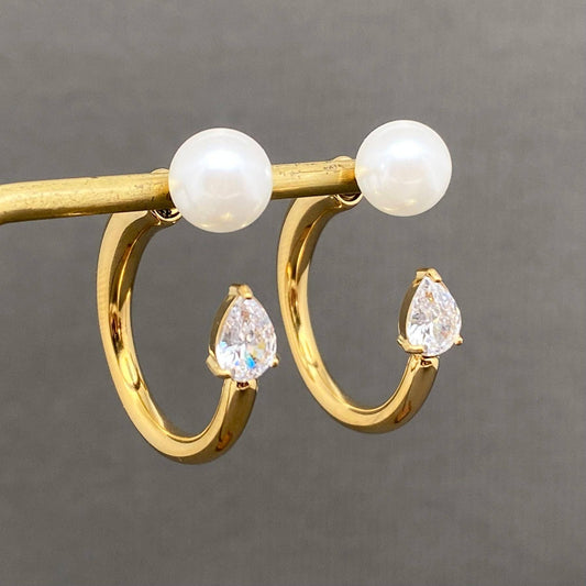 Zircon Inlaid 18K Golden S.Steel Pearl Stud Earrings - FGS
