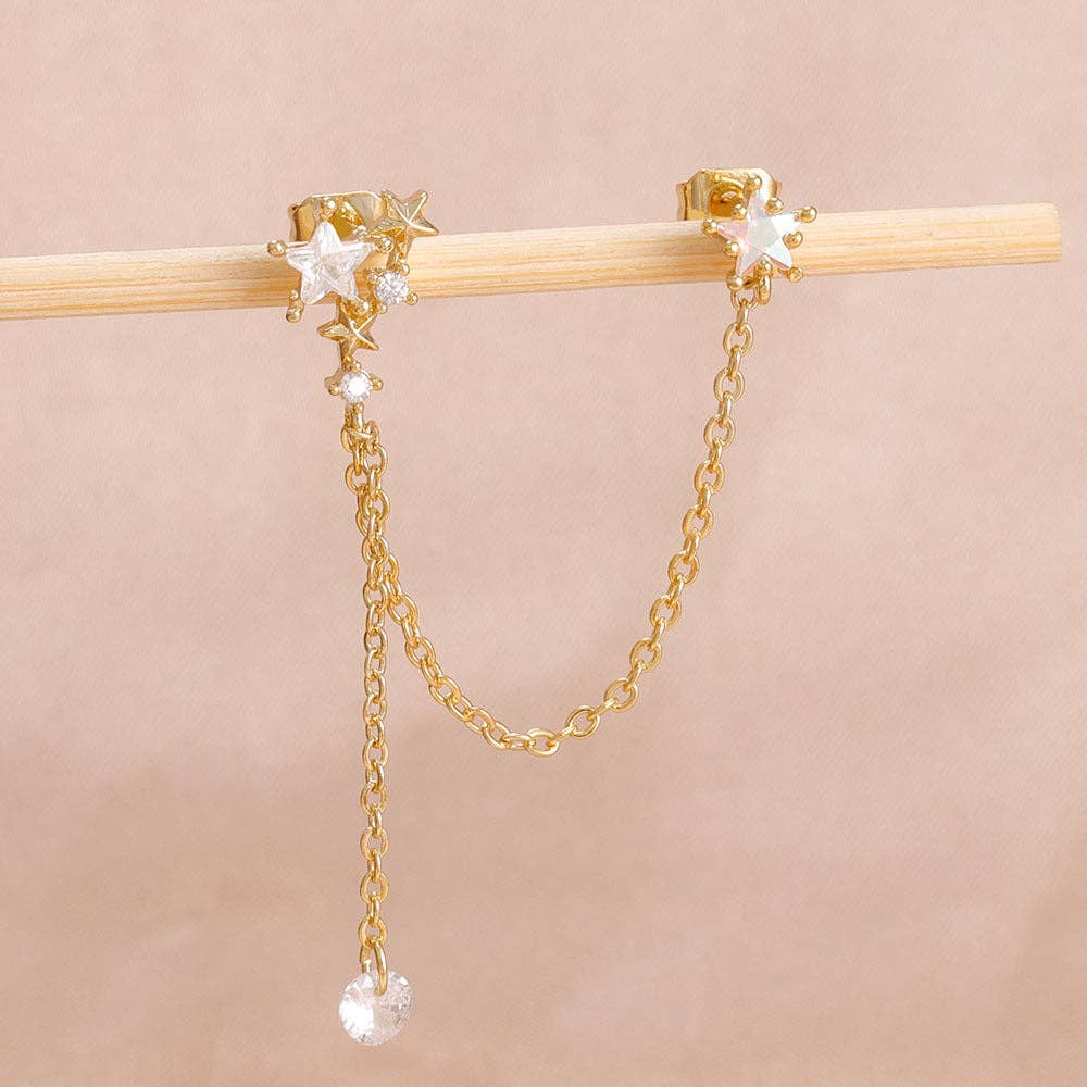 RB Cubic Zirconia Celestial Chain Earrings - 18K Gold Plated