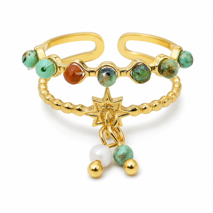 Gold Plated Beaded Star Charm Adjustable Double Ring