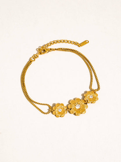 FM Camellia CZ Flower Chain Bracelet - 18K Gold Plated