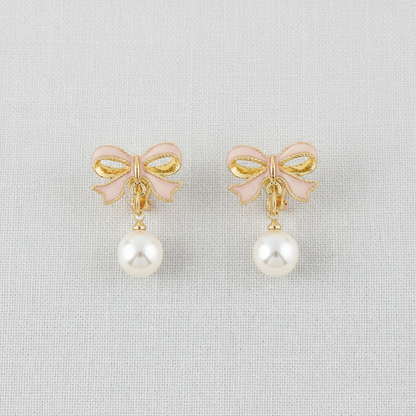 Pink Bow Pearl Earrings