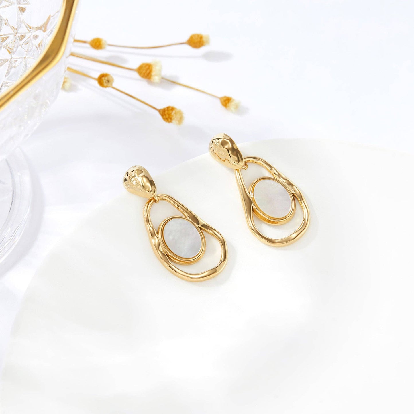 RB Organic Hammered Mother of Pearl Drop Earrings - 18K Gold Plated