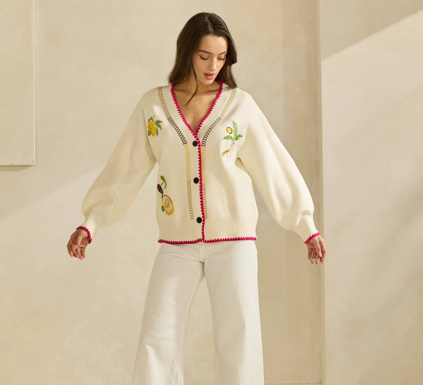 Able Embroidered V-Neck Cardigan - Cream/Red