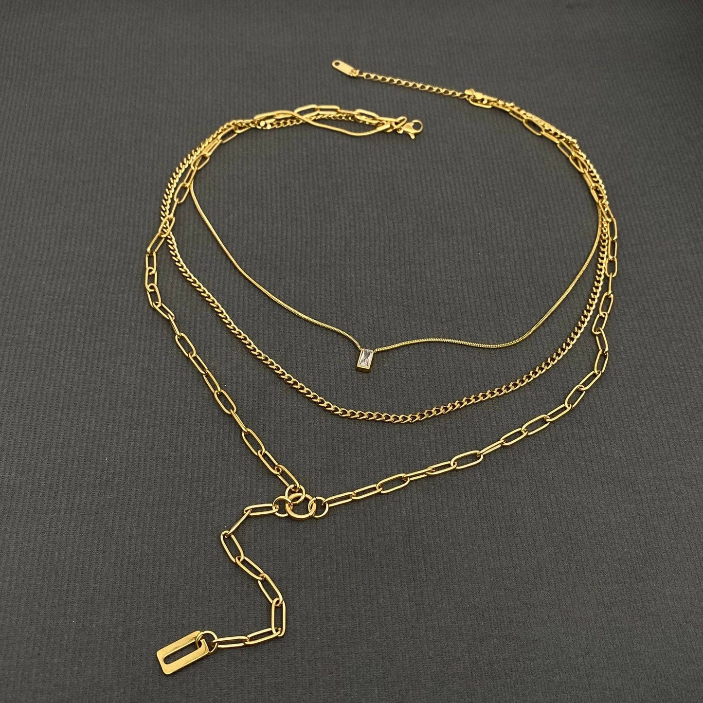 Zircon Charm 18K Gold Plated SS 3 Layer Y-neck Necklace - FGS