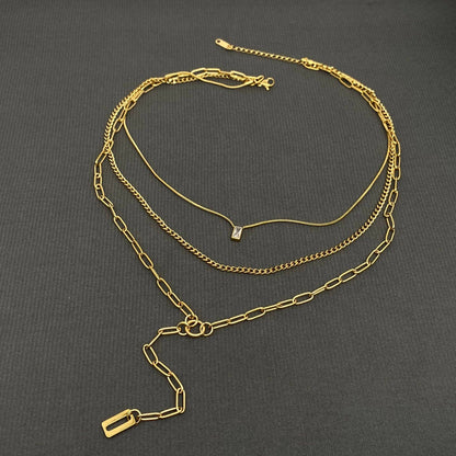 Zircon Charm 18K Gold Plated SS 3 Layer Y-neck Necklace - FGS