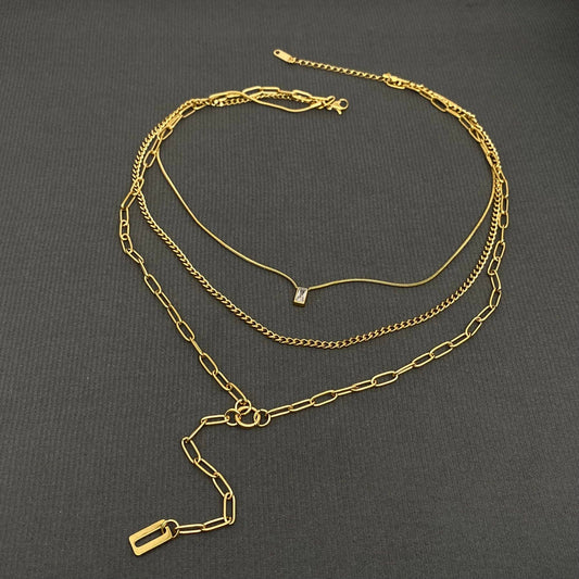 Zircon Charm 18K Gold Plated SS 3 Layer Y-neck Necklace - FGS