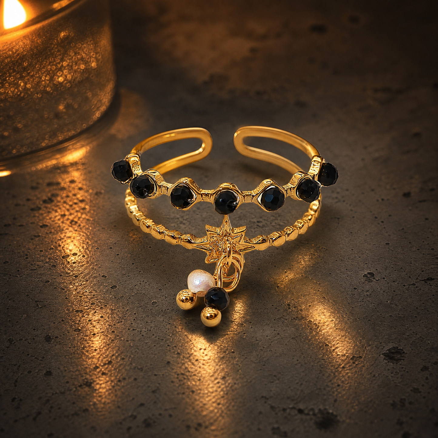 Gold Plated Beaded Star Charm Adjustable Double Ring