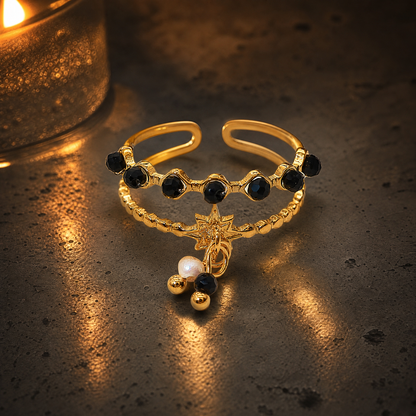 Gold Plated Beaded Star Charm Adjustable Double Ring