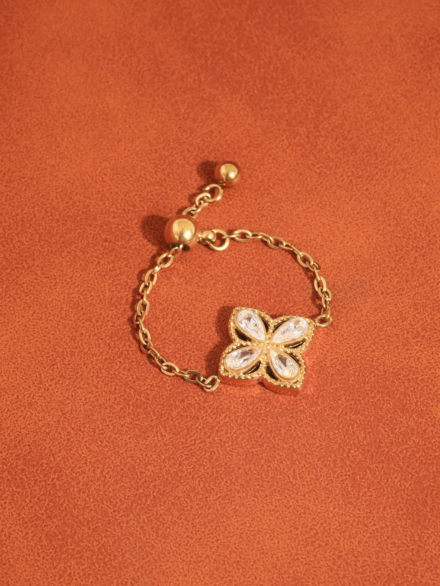 FM Lelandi CZ Floral Adjustable Chain Ring - 18K Gold Plated