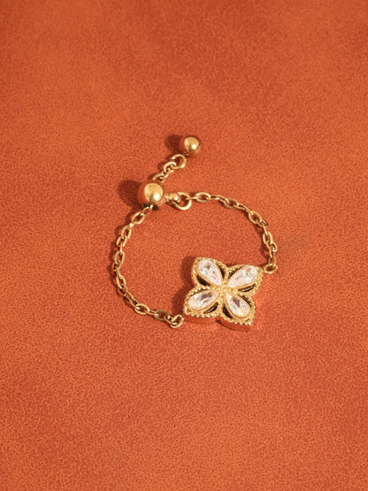 FM Lelandi CZ Floral Adjustable Chain Ring - 18K Gold Plated