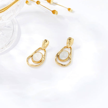 RB Organic Hammered Mother of Pearl Drop Earrings - 18K Gold Plated