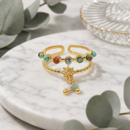 Gold Plated Beaded Star Charm Adjustable Double Ring