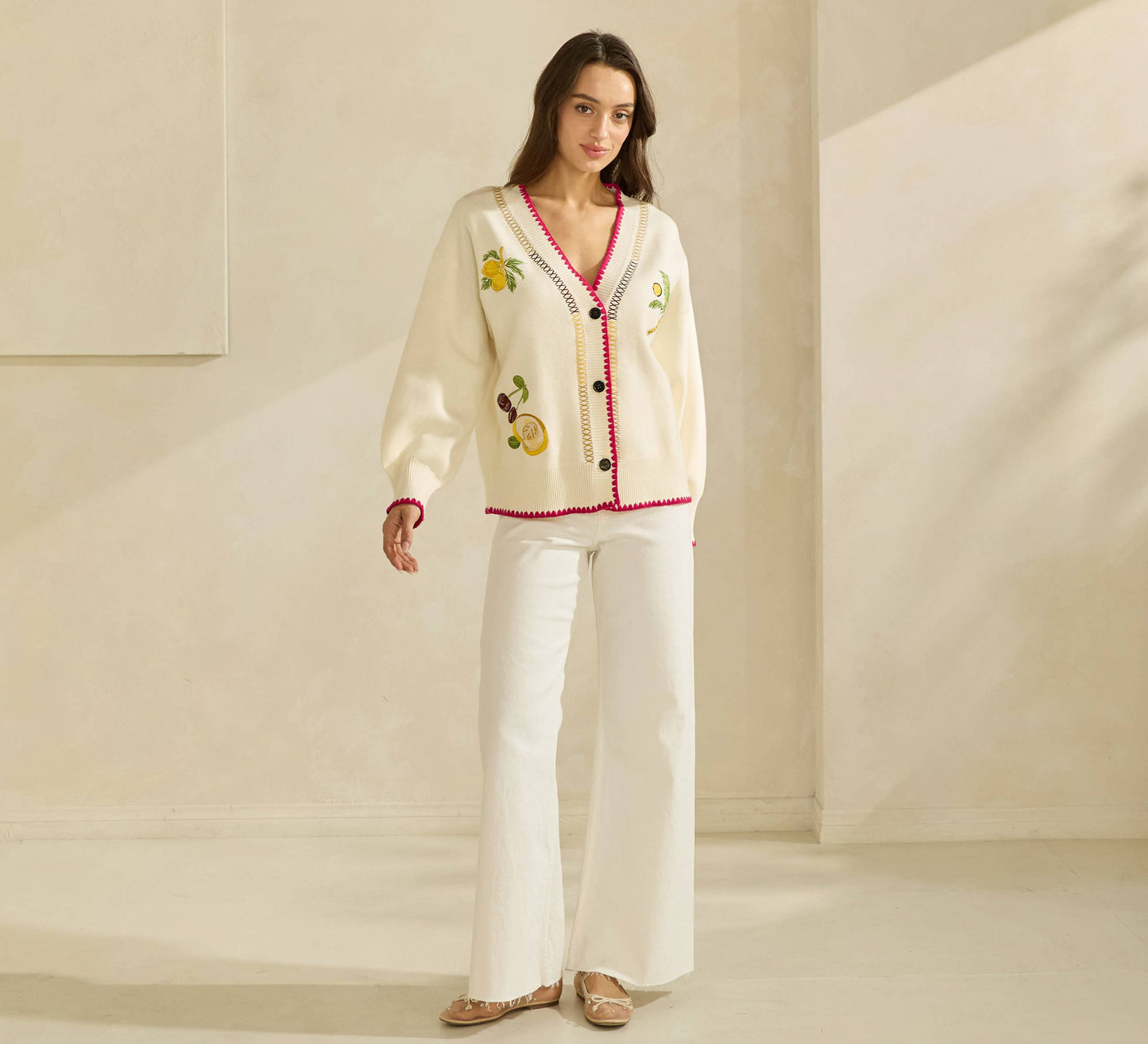 Able Embroidered V-Neck Cardigan - Cream/Red